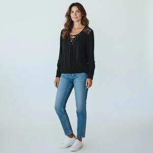 NWT Rock & Republic Black Lace Detail Long Sleeve Lace-Up Blouse M